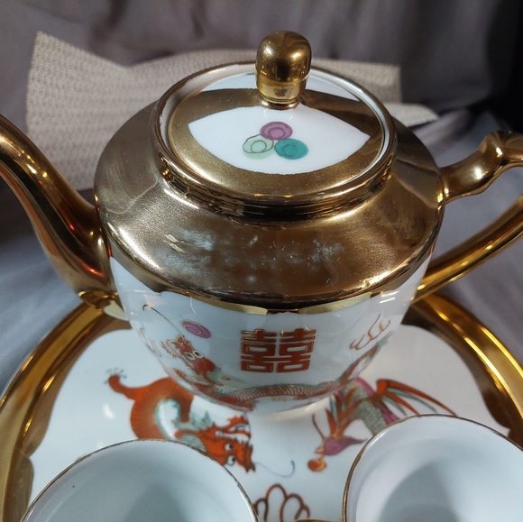 Vintage Gold Trimmed Asian PHOENIX Tea Set (4pcs) Hand-Painted - Picture 9 of 15